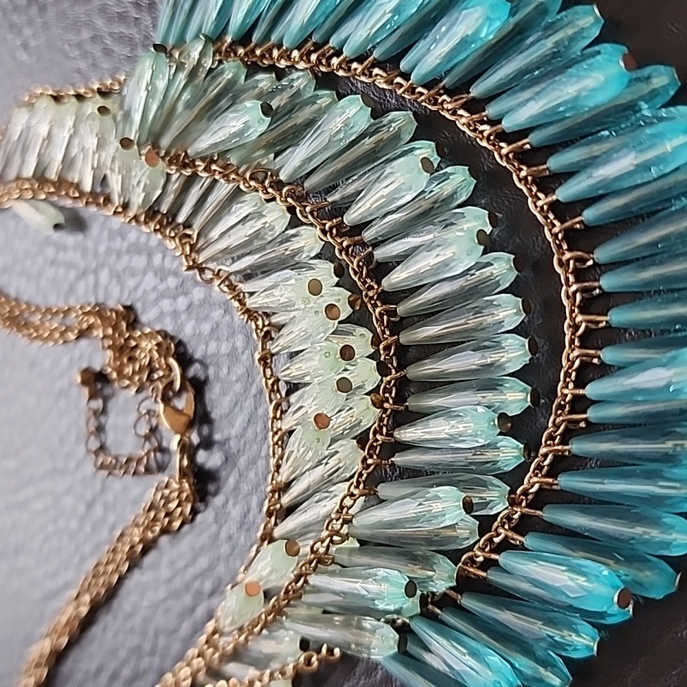 Gold-Toned Aqua Gradient Fringe Necklace - Blue/Green - Picture 3 of 10